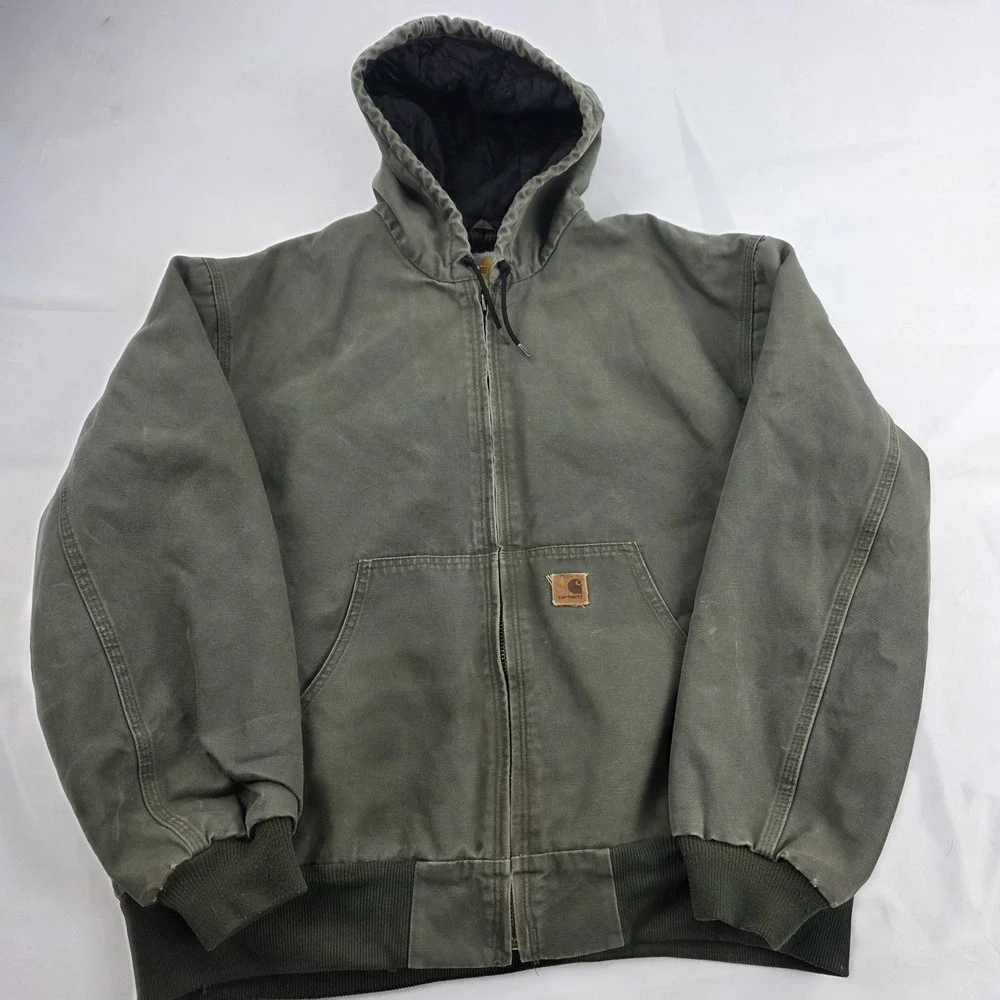 VTG Carhartt Jacket Mens 2XL Green Hooded Canvas Quilted Workwear Bomber